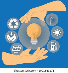 Manos sosteniendo una bombilla con diferentes fuentes de energía