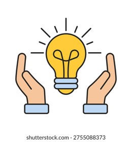 Hands holding light bulb illustration representing idea innovation creativity inspiration solution thinking knowledge smart plan and business development concept for education and technology topics