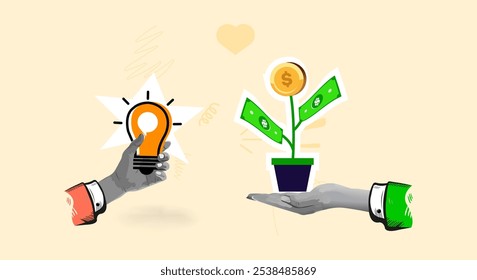 hands holding light bulb and money plant. Creative idea to make money. Investing or crowd funding concept. Make money idea or idea pitching for fund raising concept.Creative trend Collage Art Vector 