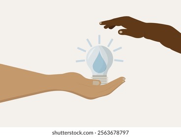 Hands Holding Light Bulb with Water Icon. Two diverse hands hold a glowing light bulb with a water drop symbol, representing water conservation, sustainability, teamwork, and innovation. Save water