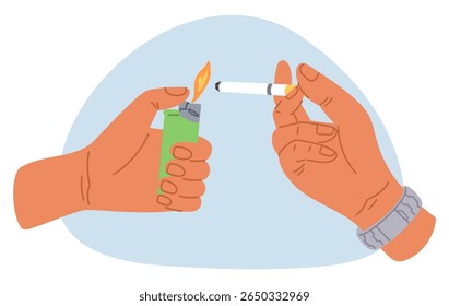 Mãos segurando isqueiro e cigarro. Ciggy fumando. Bastão de nicotina leve. Fumante arma fogo charuto por fumaça. Hábito e vício insalubres. Acessório de chama