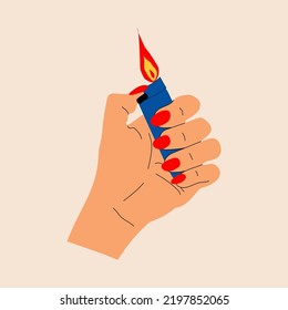 Hands holding a lighter .Vector in cartoon style. All elements are isolated