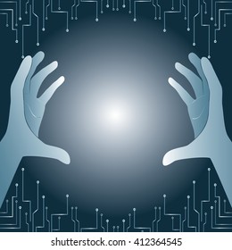 hands holding and lighting technology art background vector