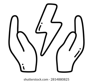 Hands holding a lightning bolt in a hand-drawn outline style.