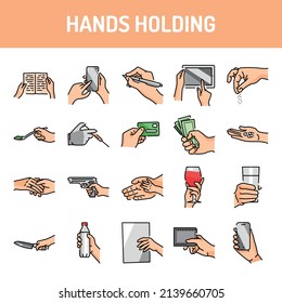 Hands holding line icons set. Isolated vector element. Outline pictograms for web page, mobile app, promo. Editable stroke.