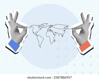 Hands holding a linear world map. Modern photo collage style. Vector illustration