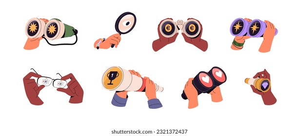 Hands holding and looking through binoculars set. Vision, curiosity, discovery concept. Observing, discovering, finding and watching. Flat graphic vector illustrations isolated on white background