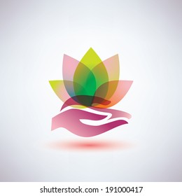 hands holding a lotus flower icon, yoga and meditation concept