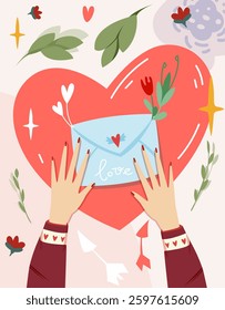 Hands holding a love letter over a large red heart with floral elements, arrows, and decorative symbols on a light background. Romantic message concept. Vector illustration
