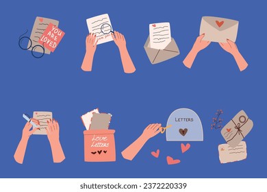 hands holding love letters and envelopes - set