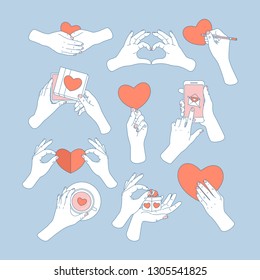 Hands holding love symbols. Love message, greeting card, gift box, tea cup. Saint Valentines day. Vector illustration