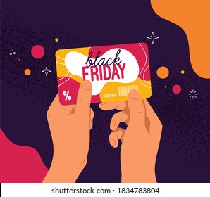 Hands Holding A Loyalty Club Customer Card, Top View. Black Friday, The Day Of Sales And Discounts. Abstract Vector Illustration, Banner In Bright Colors.