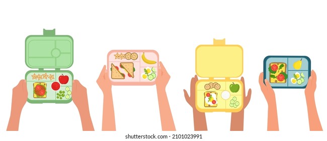 Hands Holding Up Lunch Boxes.Healthy Meal For Kids. Nutrition In School. Breakfast In A Plastic Box - Fruits, Sandwiches, Cookies, Vegetablesillustration In Flat Style, Isolated On White Background