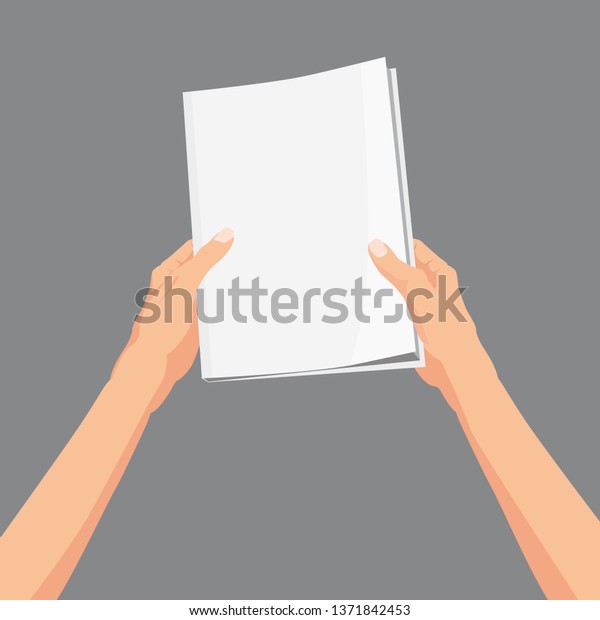 Hands holding a magazine, brochure, book. Template, vector