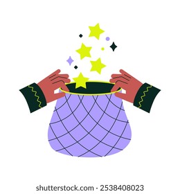 Hands Holding Magic Bag With Stars In Flat Vector Illustration Symbolizing Magic, Mystery, And Surprise, Isolated On White Background