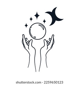 Manos sosteniendo una bola mágica. Bruja. Brujería. Icono. Ilustración de material vectorial. aislado. Fondo blanco. Boho. Estrellas y garabatos