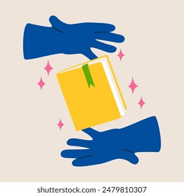 Hands holding magic book. Fairy tale story. Read books lover. Colorful vector illustration

