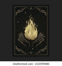 Hands holding magic fire  with engraving, hand drawn, luxury, celestial, esoteric, boho style, fit for spiritualist, religious, paranormal, tarot reader, astrologer or tattoo