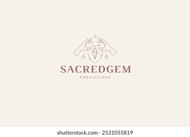 Hands holding magic necklace with gem crystal line art logo design template vector illustration. Luxury jewelry accessory brilliant diamond linear logotype for cosmetology stylist fashion brand