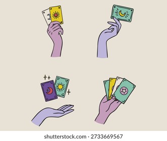 Hands holding magical cards set for fortune telling, boho mystical witchy hand drawn style. Vector illustration.
