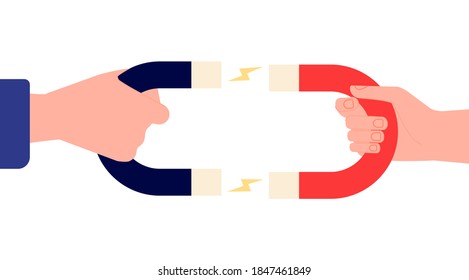 Hands holding magnet. Business attractive, man and woman attraction metaphor. Retention clients, tension between people vector illustration