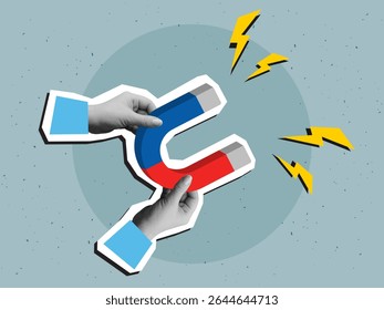 A hands holding a magnet. Modern collage style. Vector illustration