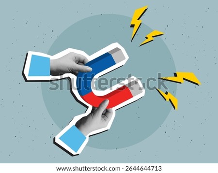 A hands holding a magnet. Modern collage style. Vector illustration