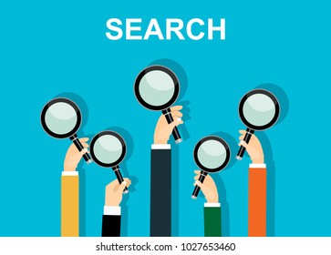 hands holding a magnifying glass. Concept of searching, detecting and analyzing. vector illustration in flat design on blue background