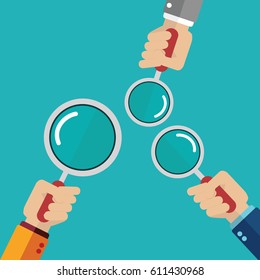 hands holding a magnifying glass. Concept of searching, detecting and analyzing. vector illustration in flat design on blue background