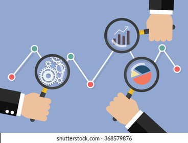Hands holding magnifying glass for data analysis. Business concept