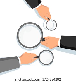 Hands holding magnifying glass. Information search and check. Professional consulting and financial audit. Businessman hand with magnifier. Business analysis and research with magnifying glass concept