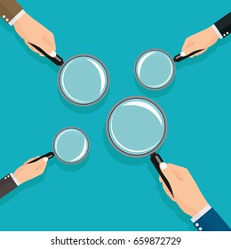 hands holding a magnifying glass. vector illustration in flat design on blue background.