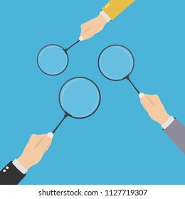 Hands holding a magnifying glasses. Template design of analysis, exploration, zoom, scrutiny, audit, inspection concepts. Loupe searching, detecting and analyzation. Vector illustration