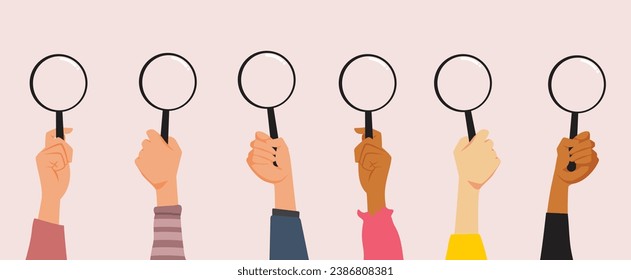 
Hands Holding Magnifying Glasses Vector Cartoon Banner Design. People browsing and investigating online
