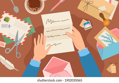 Hands holding mail on desk. Woman reading paper letter sheet. Card and envelope with postal stamp lie on table. Sending post vector concept. Illustration letter mail holding in hands