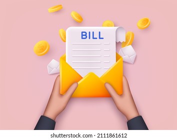 	
Hands Holding Mail Paying Bills. Payment Of Utility, Bank, Restaurant And Other Bill. 3D Web Vector Illustrations.