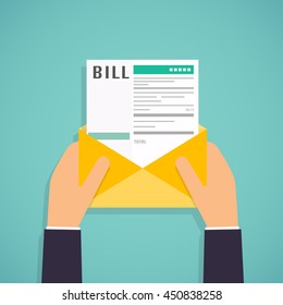 Hands holding mail Paying bills. Flat design modern vector illustration.