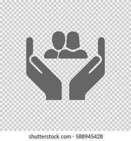 Hands holding man and woman vector icon. Love protection concept on transparent background.