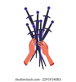 Manos sosteniendo muchas espadas afiladas. Guerrero con ramas afiladas. Violencia, armas, armas, agresión, símbolo de protección, concepto, metáfora. Ilustración vectorial plana aislada en fondo blanco