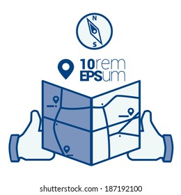 Hands holding a map. Compass and map marker. Vector illustration on white background.