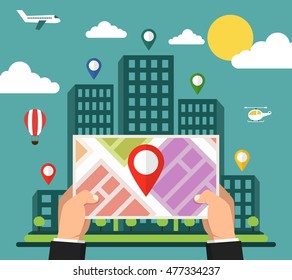 Hands holding map with navigation. Finding the way concept. City on the background. Flat vector illustration.
