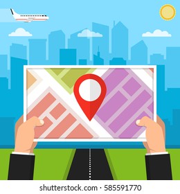 Hands holding map with navigation. Finding the way concept. City on the background. Flat vector illustration.