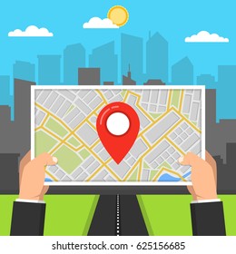 Hands holding map with navigation. Finding the way concept. City on the background. Flat vector illustration.