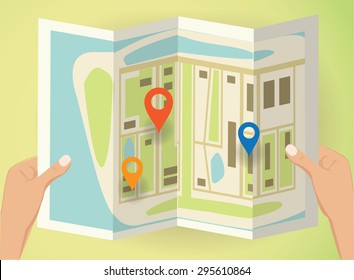 hands holding a map with pins. Vector illustration