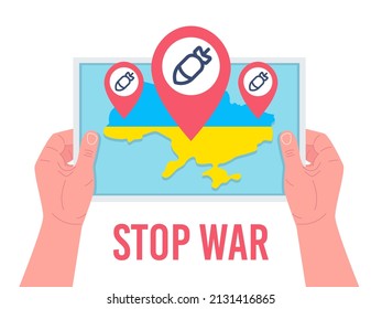Manos sosteniendo un mapa de Ucrania con puntos de bombardeo. No hay guerra en Ucrania. Manifestación contra la guerra. Ilustración vectorial.