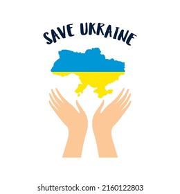 Hands holding a map of Ukraine with the national flag. Save Ukraine.