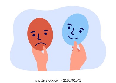 Hands holding masks with happy and sad faces. Person choosing facial expression for hiding feelings flat vector illustration. Psychology, emotion concept for banner, website design or landing web page