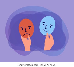 Hands holding masks with happy and sad faces. Person choosing facial expression for hiding feelings flat vector illustration. Psychology, emotion concept for banner, website design or landing web page