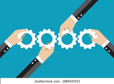 Hands holding mechanical cogs and gears, Vector illustration in flat style