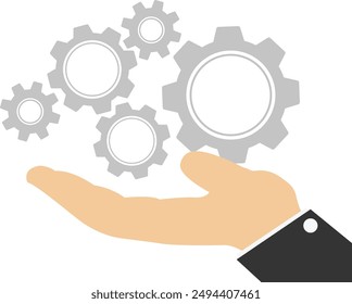 Hands holding mechanical cogs and gears, Vector illustration in flat style

